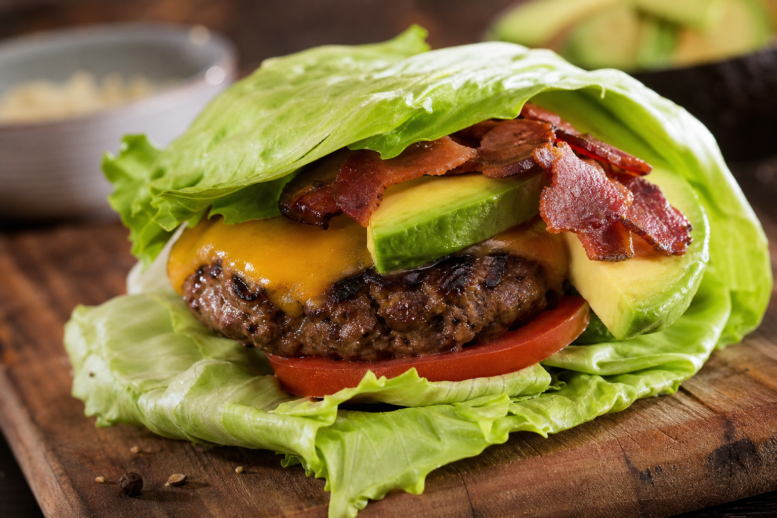 Keto lettuce-wrap bunless burger