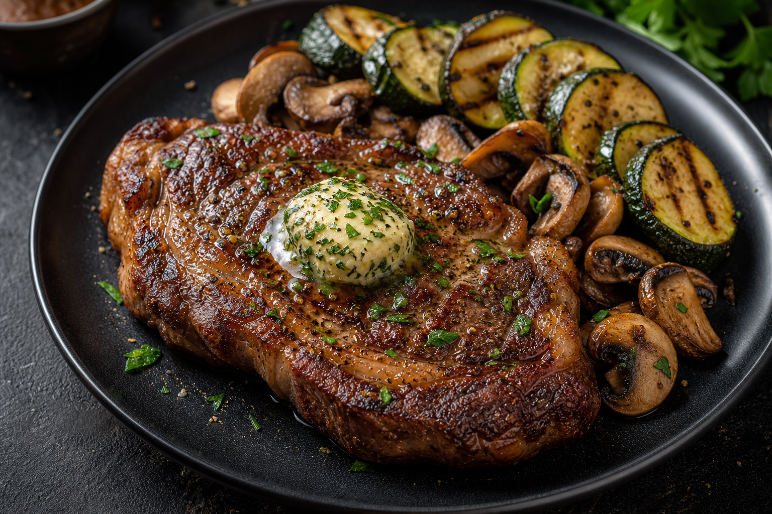 Keto ribeye steak with herb butter and zucchini